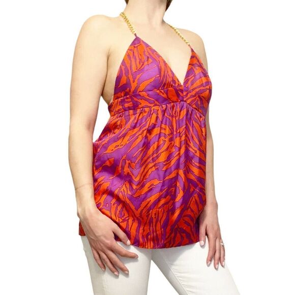MILLY 100% Silk Red/Purple Print Chain Strap Halter Top Sz 2 $295 - Picture 2 of 9